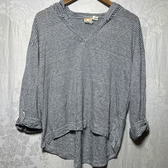 C&C California 100% Linen Shirt XL Blue White Striped Hooded Roll Tab Sleeves - Picture 1 of 10